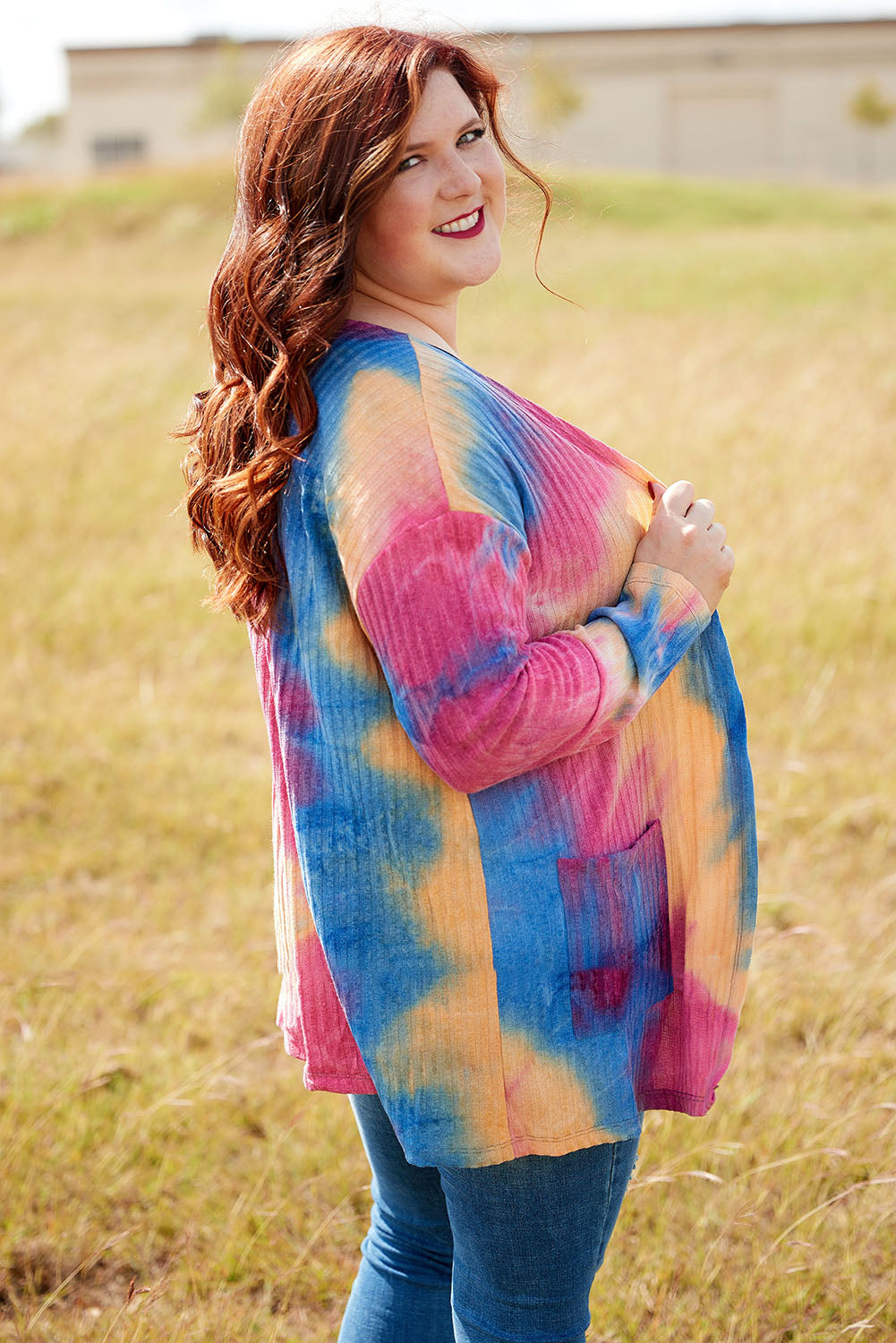 Multicolor Plus Size Tie-dye Print Ribbed Cardigan Plus Size JT's Designer Fashion