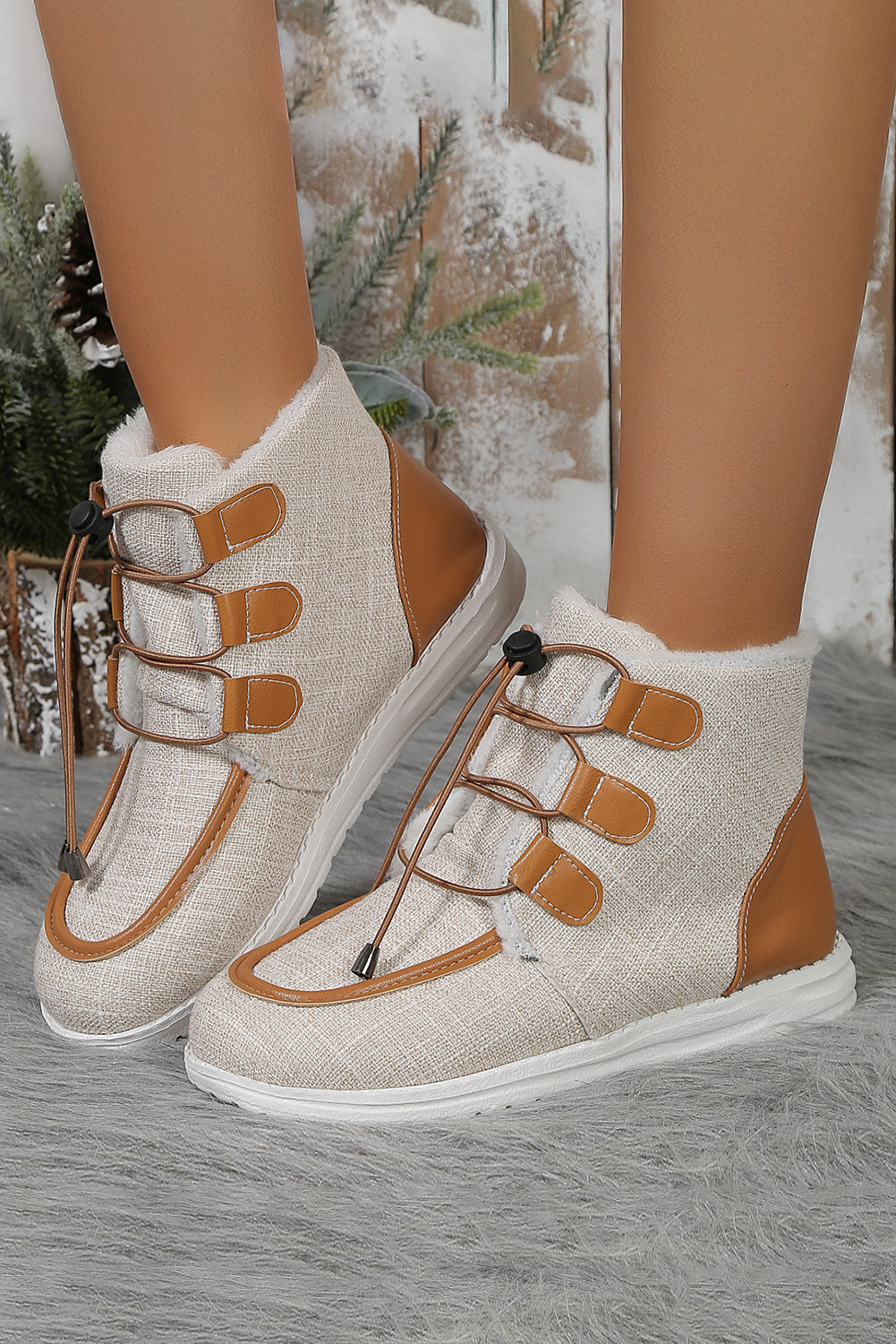 Beige Lace up Colorblock Plush Lined High Top Shoes Women's Shoes JT's Designer Fashion