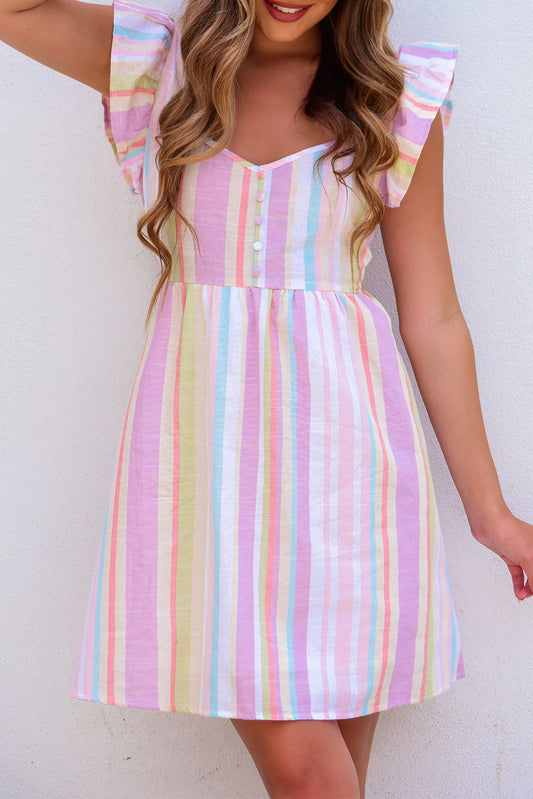 Pink Striped Button Sweetheart Flutter Sleeve Dress Mini Dresses JT's Designer Fashion