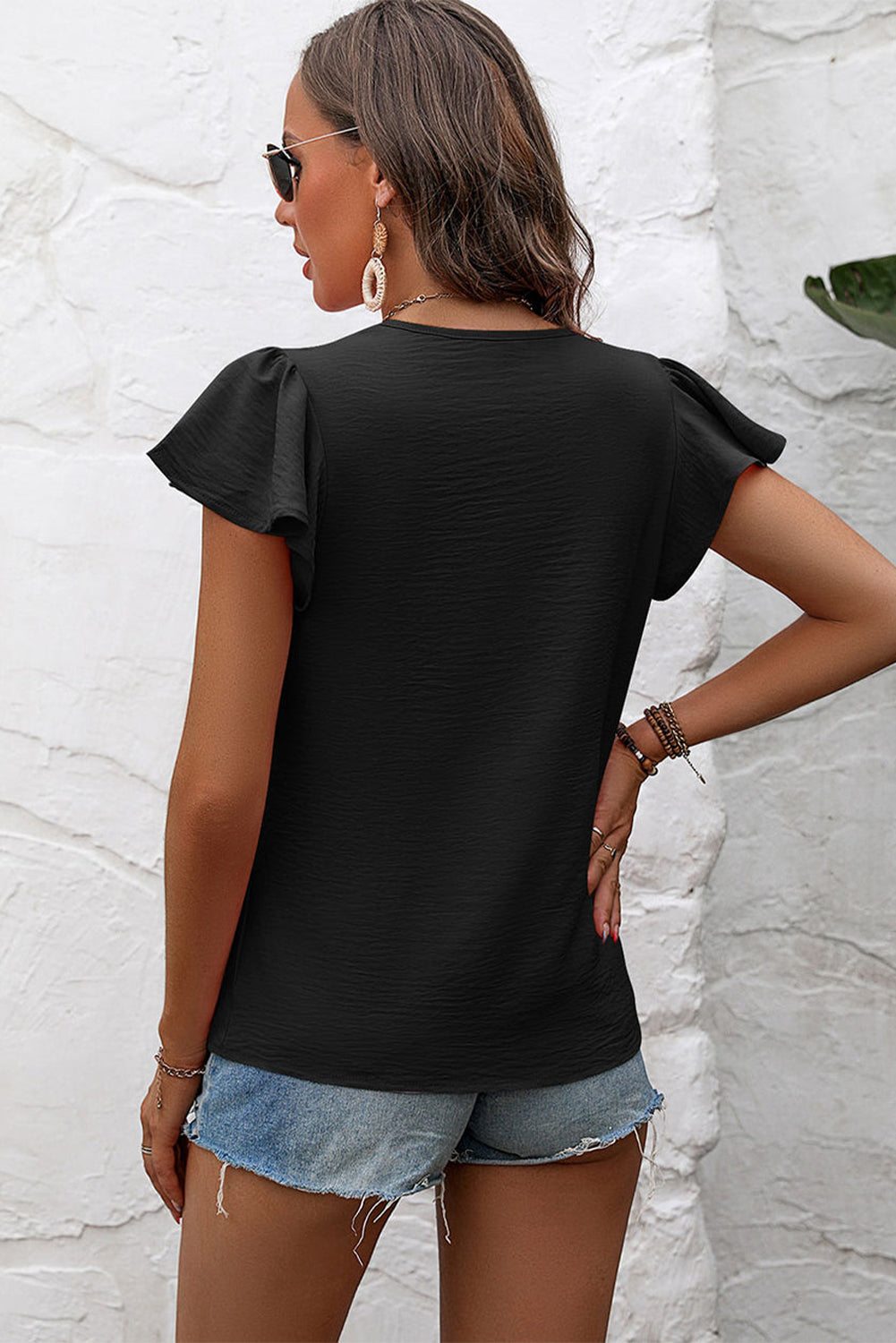 Black Solid Color Textured Pleated Ruffled Sleeve Blouse Tops & Tees JT's Designer Fashion