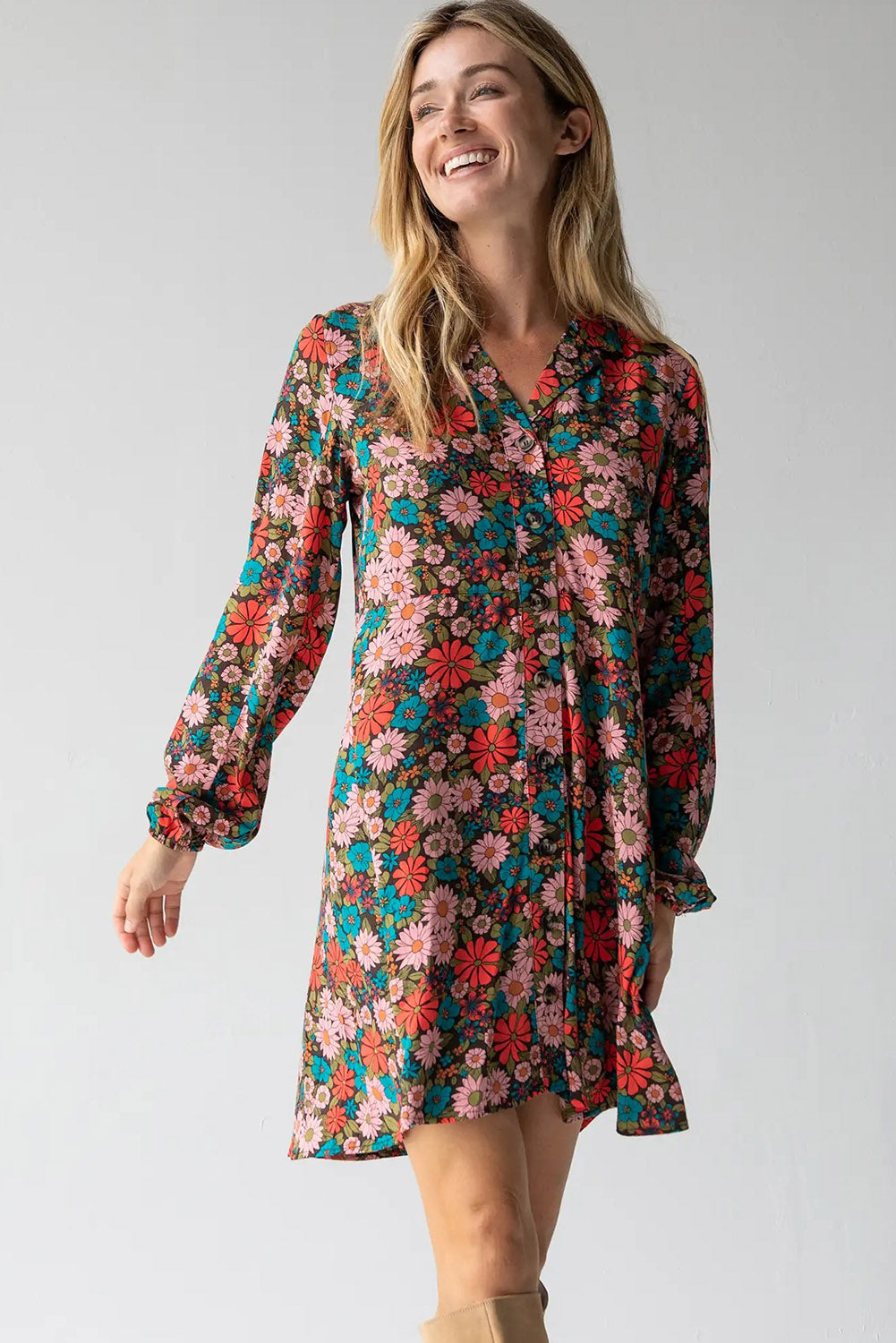 Multicolour Vibrant Floral Print Lapel Collar Flared Shirt Dress Dresses JT's Designer Fashion