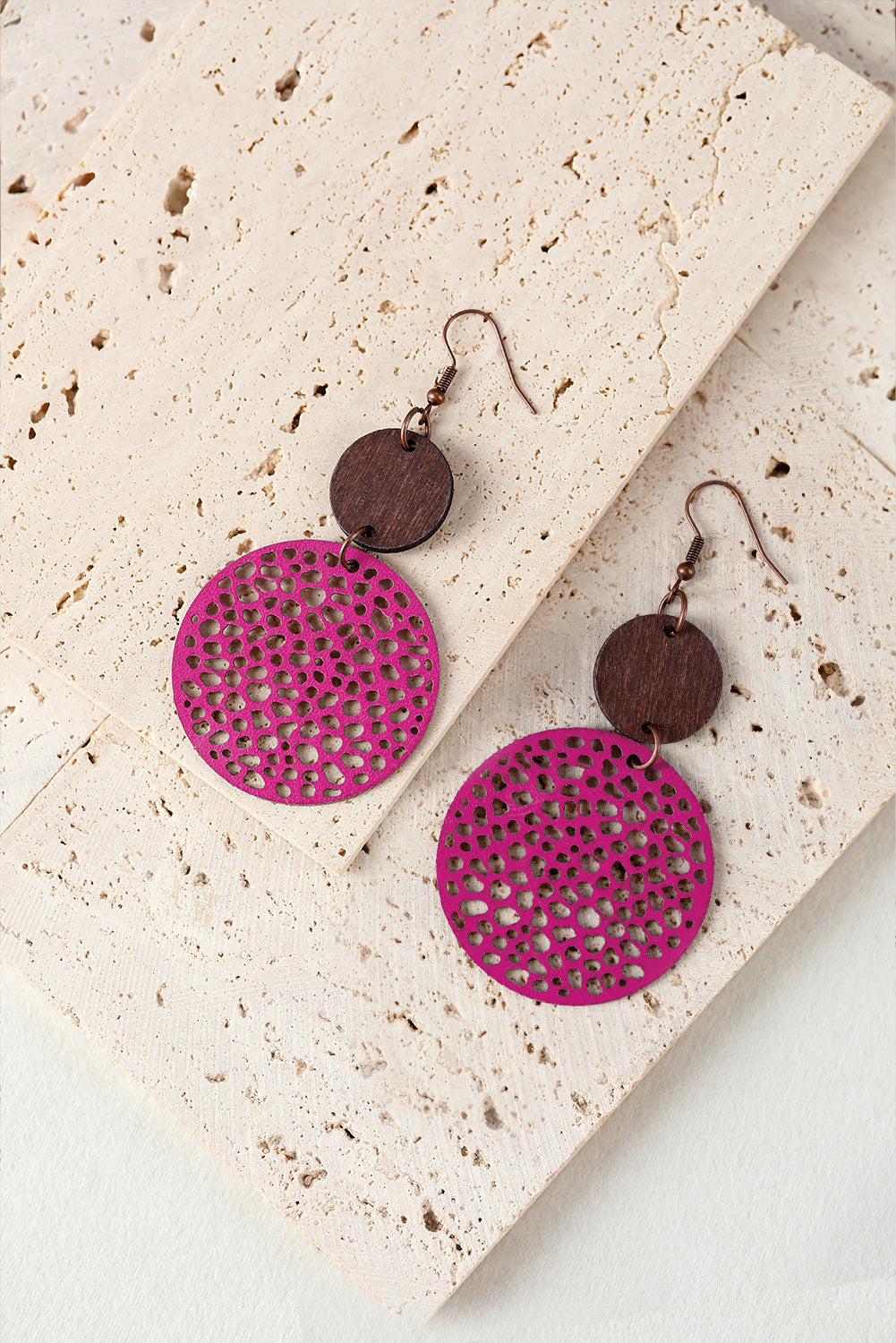 Rose Hollow Out Wooden Round Drop Earrings Jewelry JT's Designer Fashion