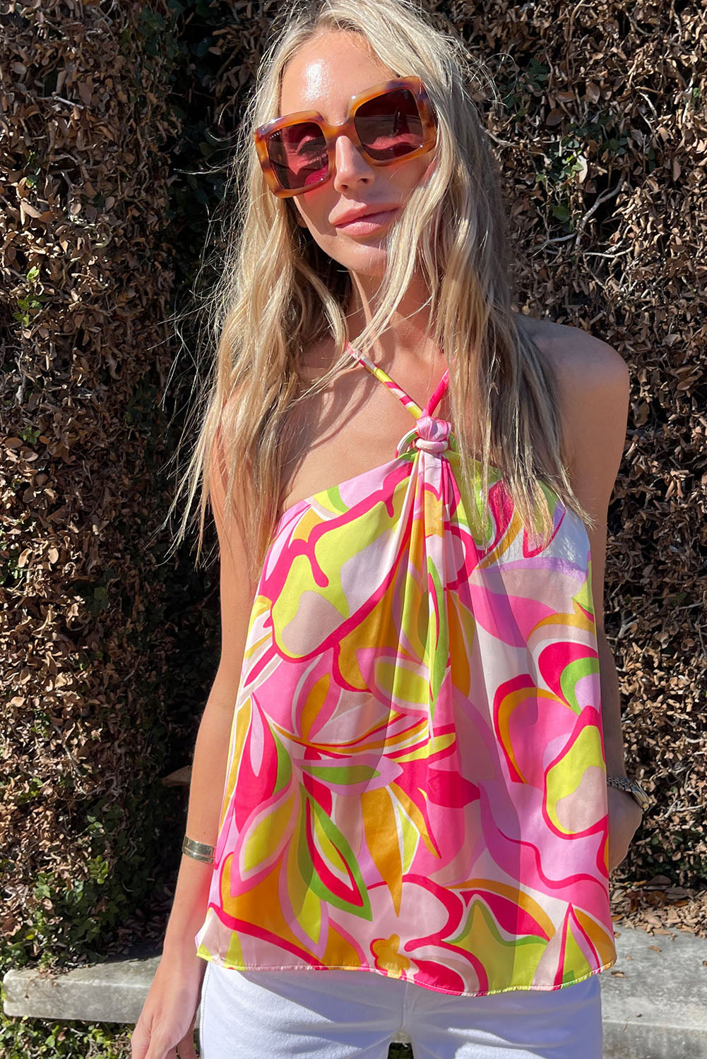 Pink Abstract Floral Print Knotted Halter Tank Top Tank Tops JT's Designer Fashion