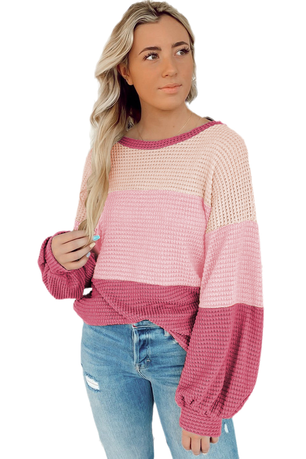 Pink Stripe Textured Color Block Puff Sleeve Baggy Top Tops & Tees JT's Designer Fashion