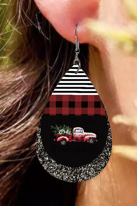 Black Christmas Truck Plaid Print Water Drop Earrings Jewelry JT's Designer Fashion