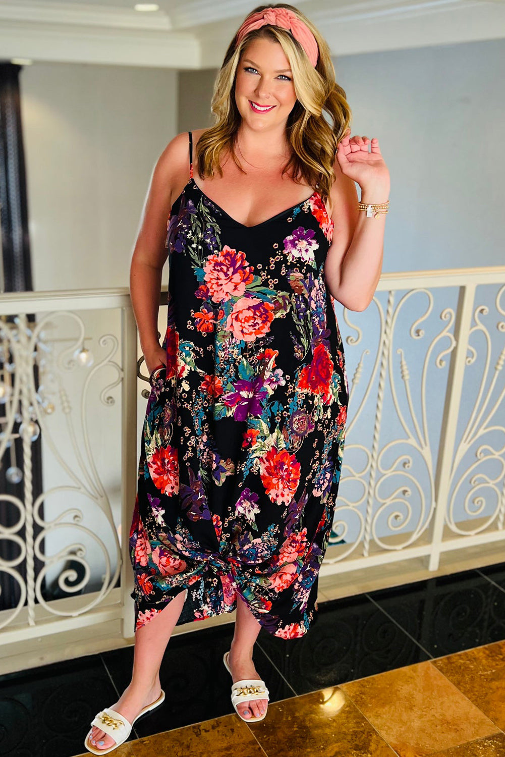 Black Plus Size Floral Print Thin Straps Maxi Dress Plus Size Dresses JT's Designer Fashion