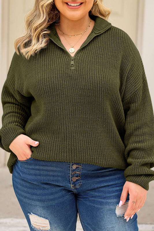 Green Quarter-Zip Thermal Plus Size Sweater Plus Size JT's Designer Fashion