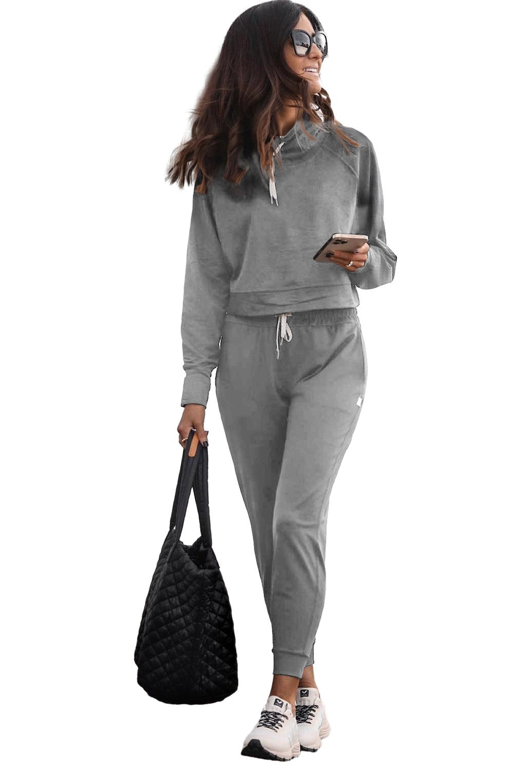 Gray Drawstring Hoodie and High Waist Pants Lounge Set Loungewear JT's Designer Fashion