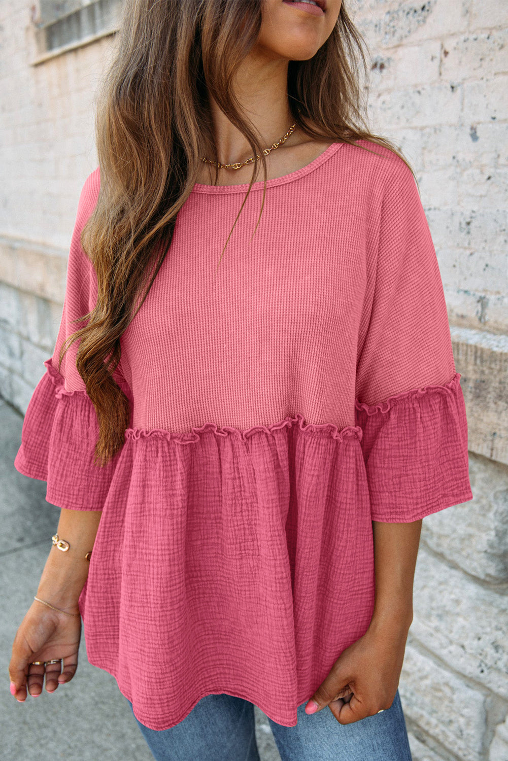 Pink 3/4 Ruffled Sleeve Textured Peplum Top Tops & Tees JT's Designer Fashion