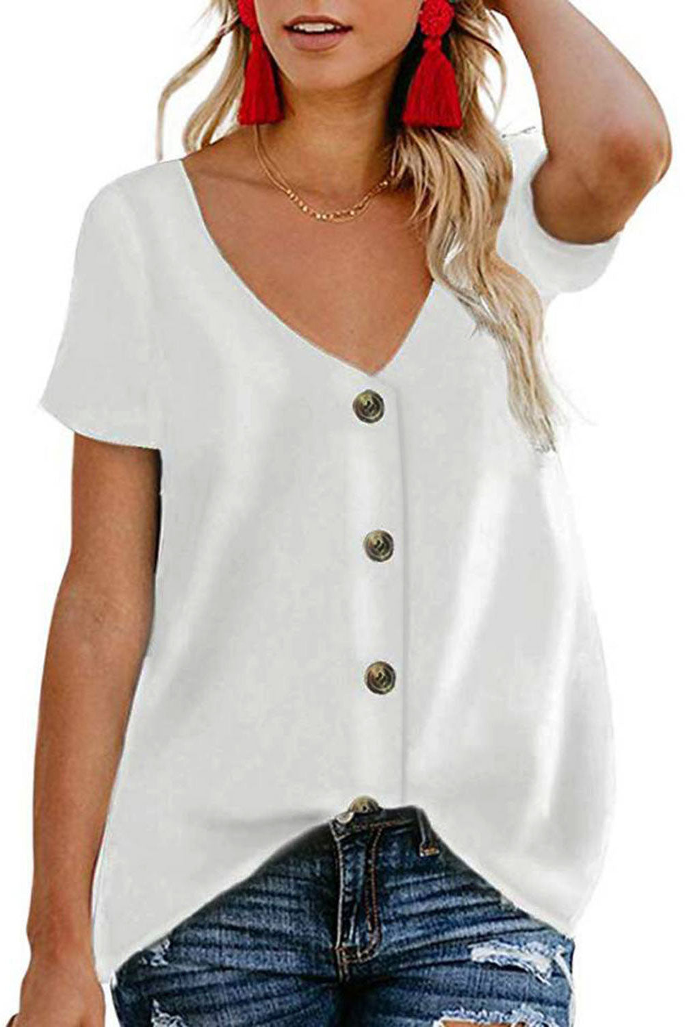 White Button Detail Short Sleeve V Neck Blouse Blouses & Shirts JT's Designer Fashion