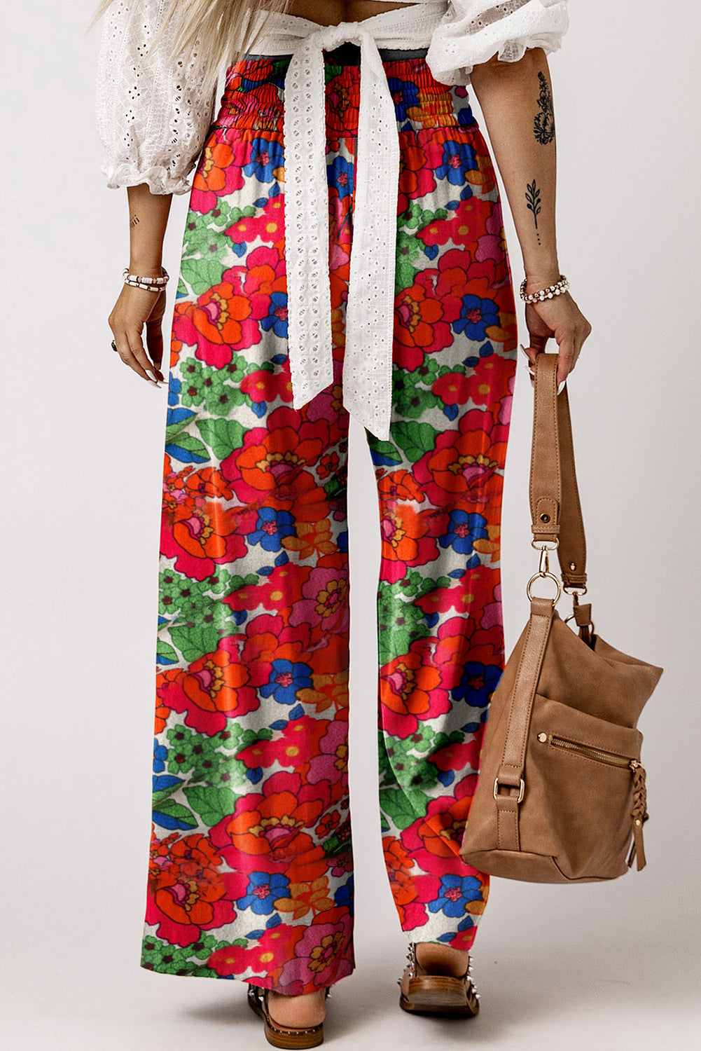 Multicolor Floral Print Tie Elastic High Waist Palazzo Pants Bottoms JT's Designer Fashion