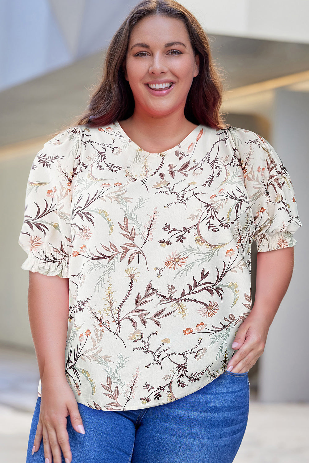 White Plus Size Botanical Print Puff Sleeve Blouse Plus Size Tops JT's Designer Fashion