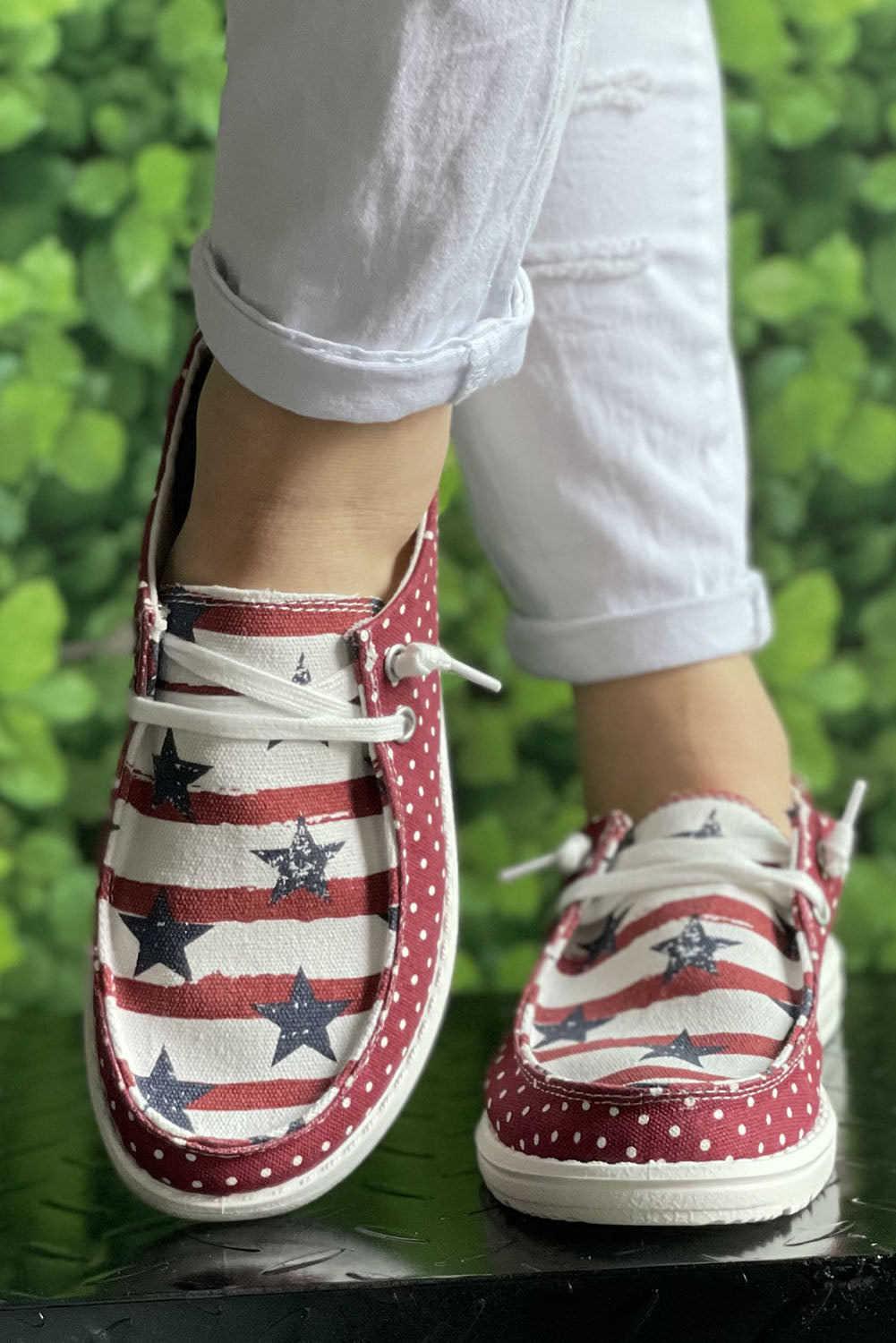 Red Canvas Star & Stripe Print Slip-on Flat Shoes Women's Shoes JT's Designer Fashion