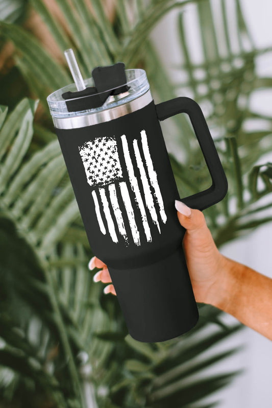 Black American Flag Print Stainless Steel Portable Cup with Handle 40oz Tumblers JT's Designer Fashion