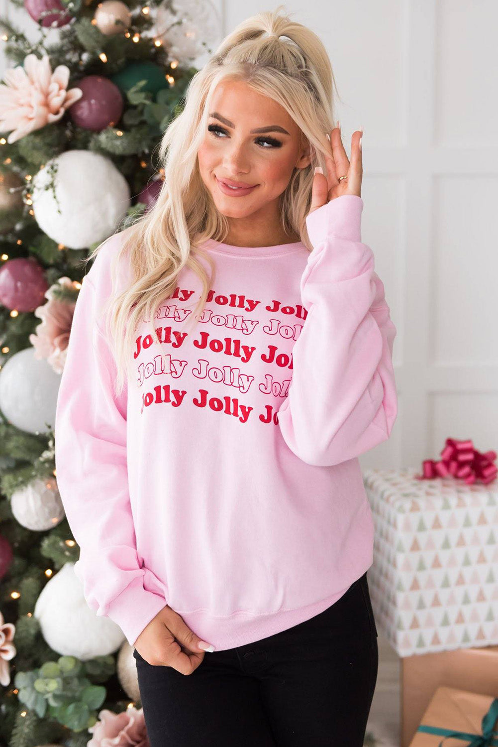 Pink Christmas Jolly Letter Print Pullover Sweatshirt Graphic Sweatshirts JT's Designer Fashion