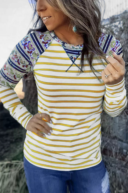 Striped Cartoon Graphic Raglan Sleeve Casual Blouse Orange 95%Polyester+5%Elastane Long Sleeve Tops JT's Designer Fashion