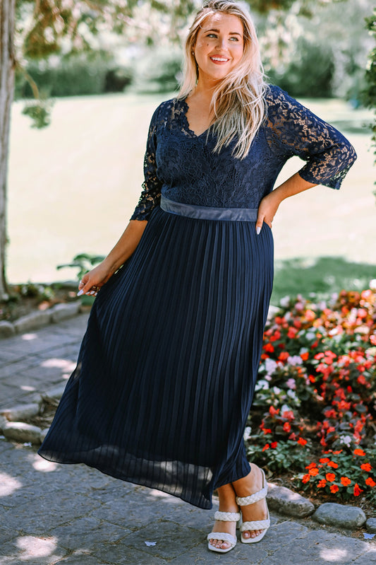 Blue Lace Scalloped V Neck 3/4 Sleeves Pleated Tulle Plus Maxi Dress Plus Size Dresses JT's Designer Fashion