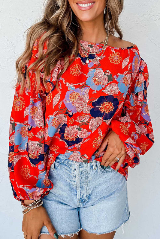 Red Floral Ruffle Puff Sleeve Blouse Tops & Tees JT's Designer Fashion