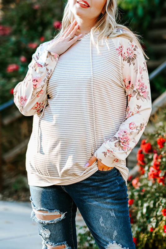 Stripe Plus Size Floral Raglan Sleeve Striped Hoodie Plus Size Tops JT's Designer Fashion