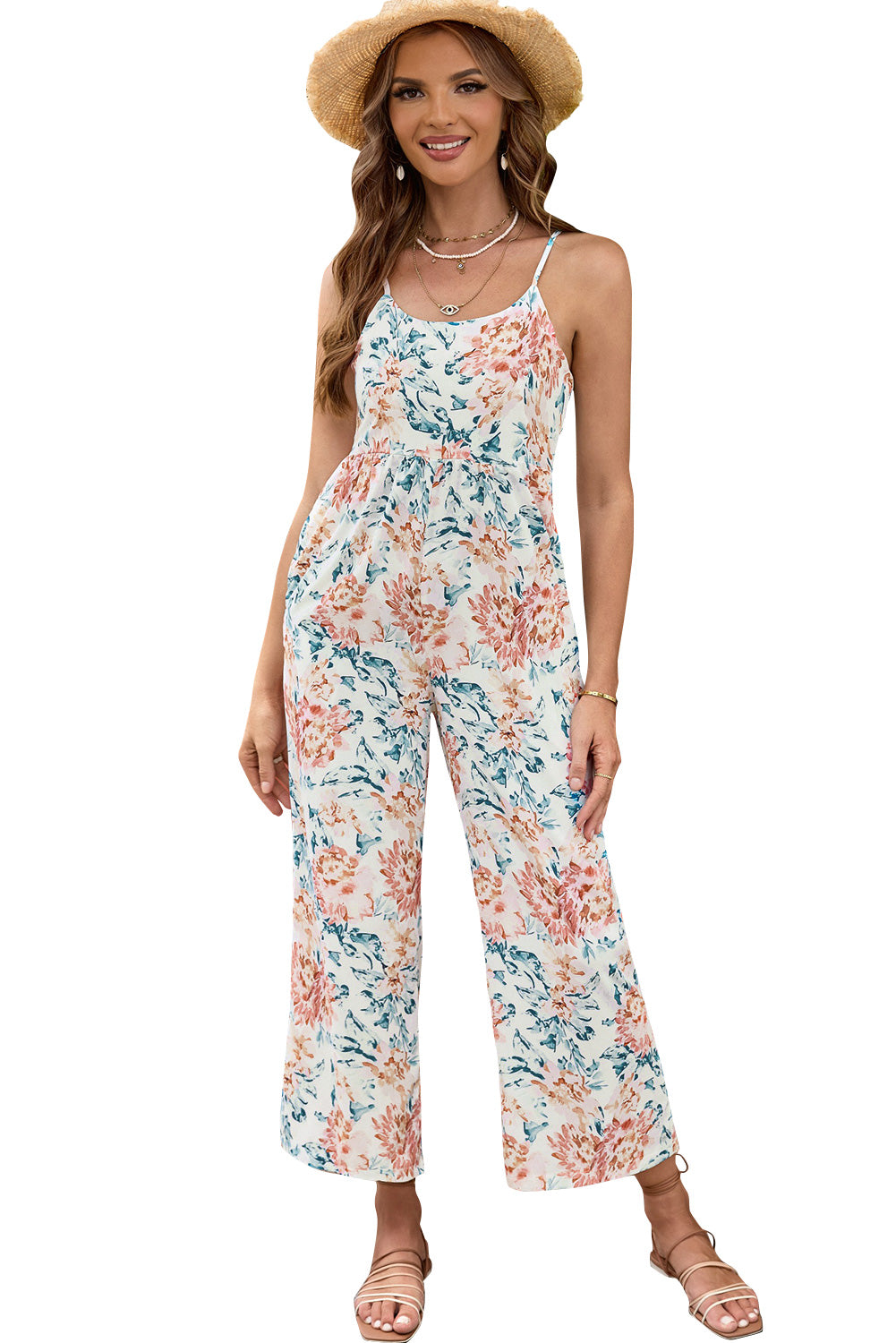 Orange Floral Spaghetti Straps Wide Leg Jumpsuit Jumpsuits & Rompers JT's Designer Fashion