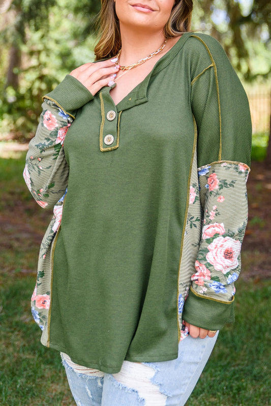 Green Plus Size Floral Patchwork Henley Top Plus Size Tops JT's Designer Fashion