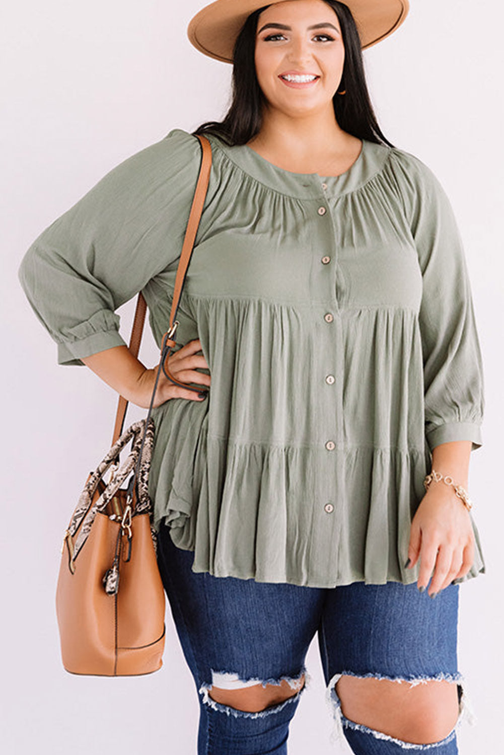 Green Button Down Split Neck Plus Size Ruffle Tiered Shirt Plus Size JT's Designer Fashion