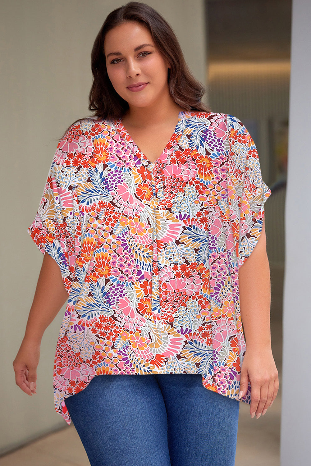 Multicolor Leopard Print V Neck Half Sleeve Plus Size Blouse Plus Size JT's Designer Fashion