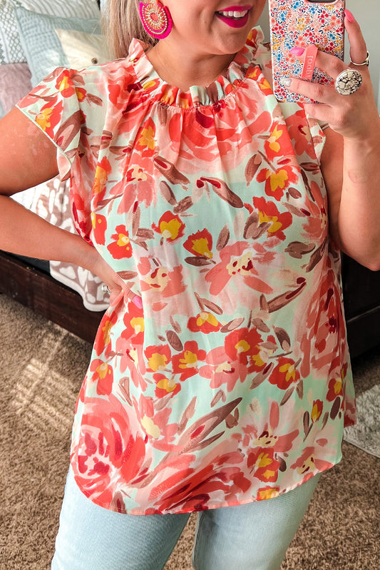 Red Plus Size Watercolor Floral Print Frill Neck Blouse Plus Size Tops JT's Designer Fashion