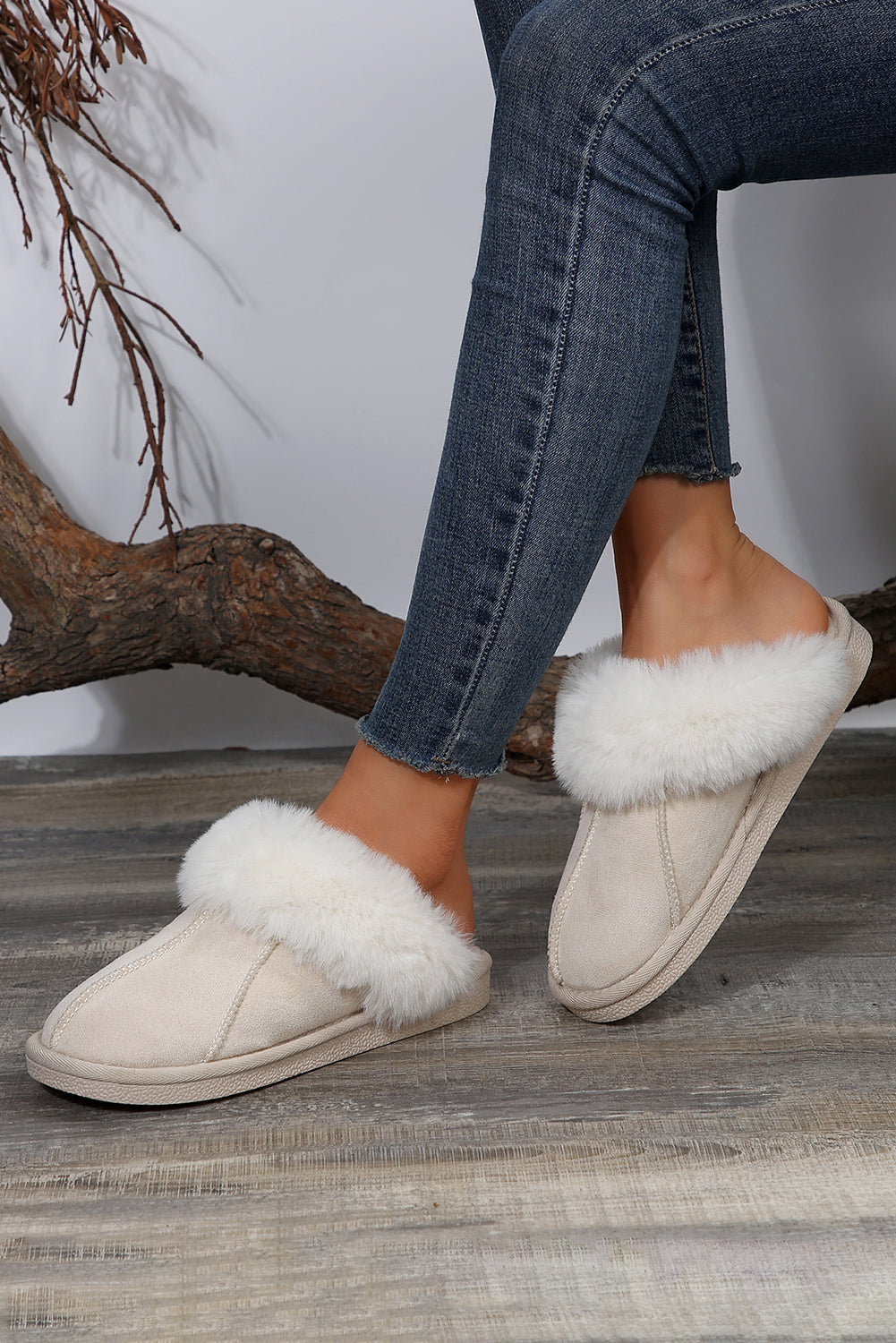 Beige Plush Lining Suede Slip On Winter Slippers Slippers JT's Designer Fashion