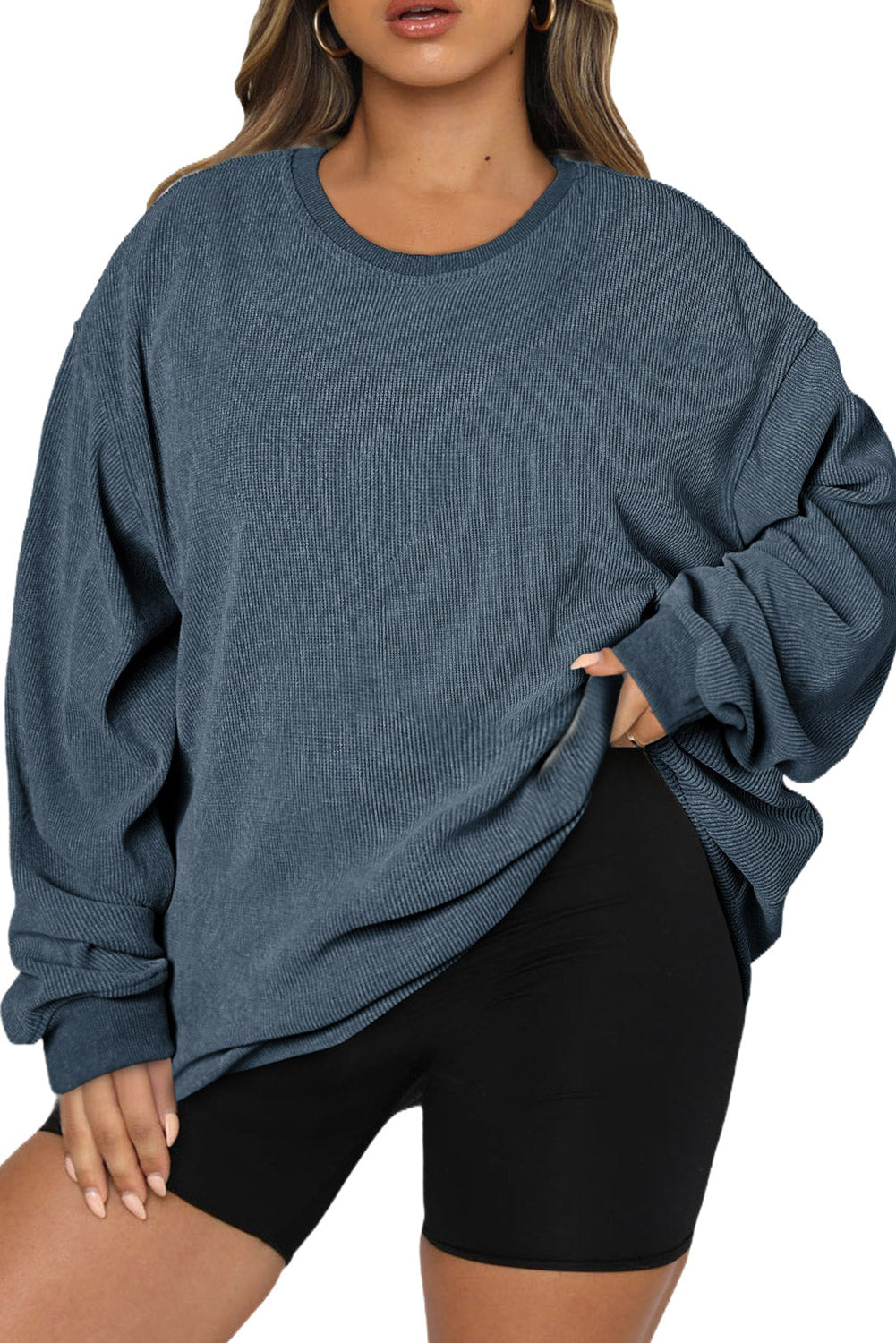 Blue Plus Size Corded Round Neck Sweatshirt Plus Size JT's Designer Fashion