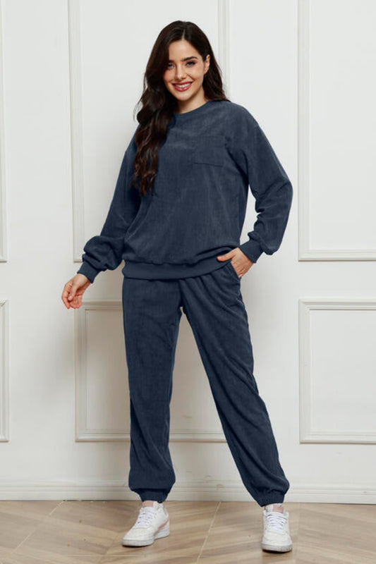 Round Neck Sweatshirt and Sweatpants Set Navy Jumpsuits & Rompers JT's Designer Fashion