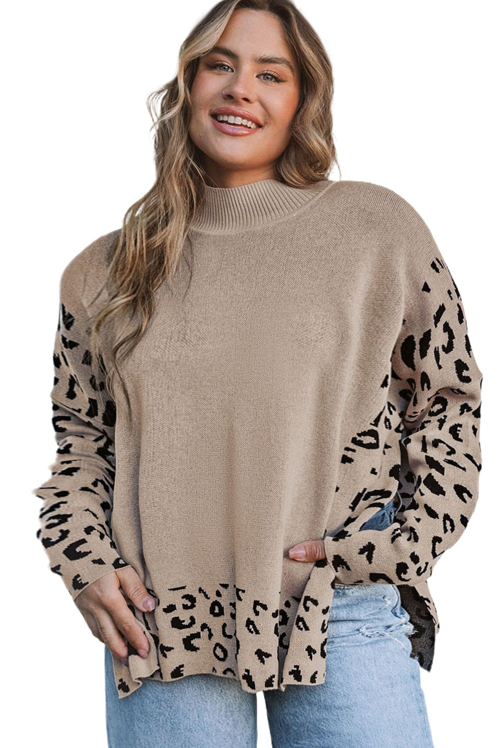 Khaki Plus Size Leopard Patchwork High Neck Sweater Plus Size JT's Designer Fashion