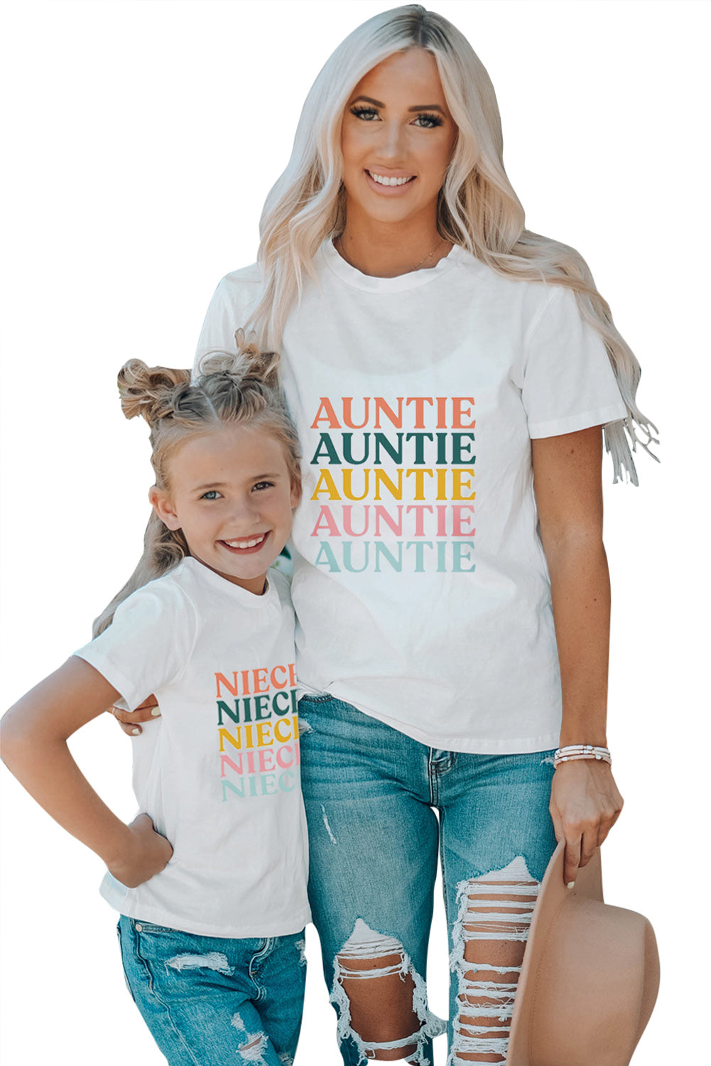 White Family Matching AUNTIE Letter Print Short Sleeve T Shirt Family T-shirts JT's Designer Fashion