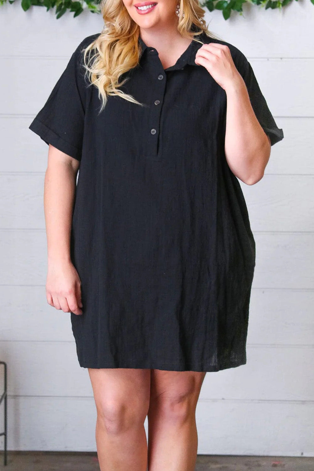 Black Plus Size Shirt Collar Buttoned Short Sleeve Shift Dress Plus Size JT's Designer Fashion