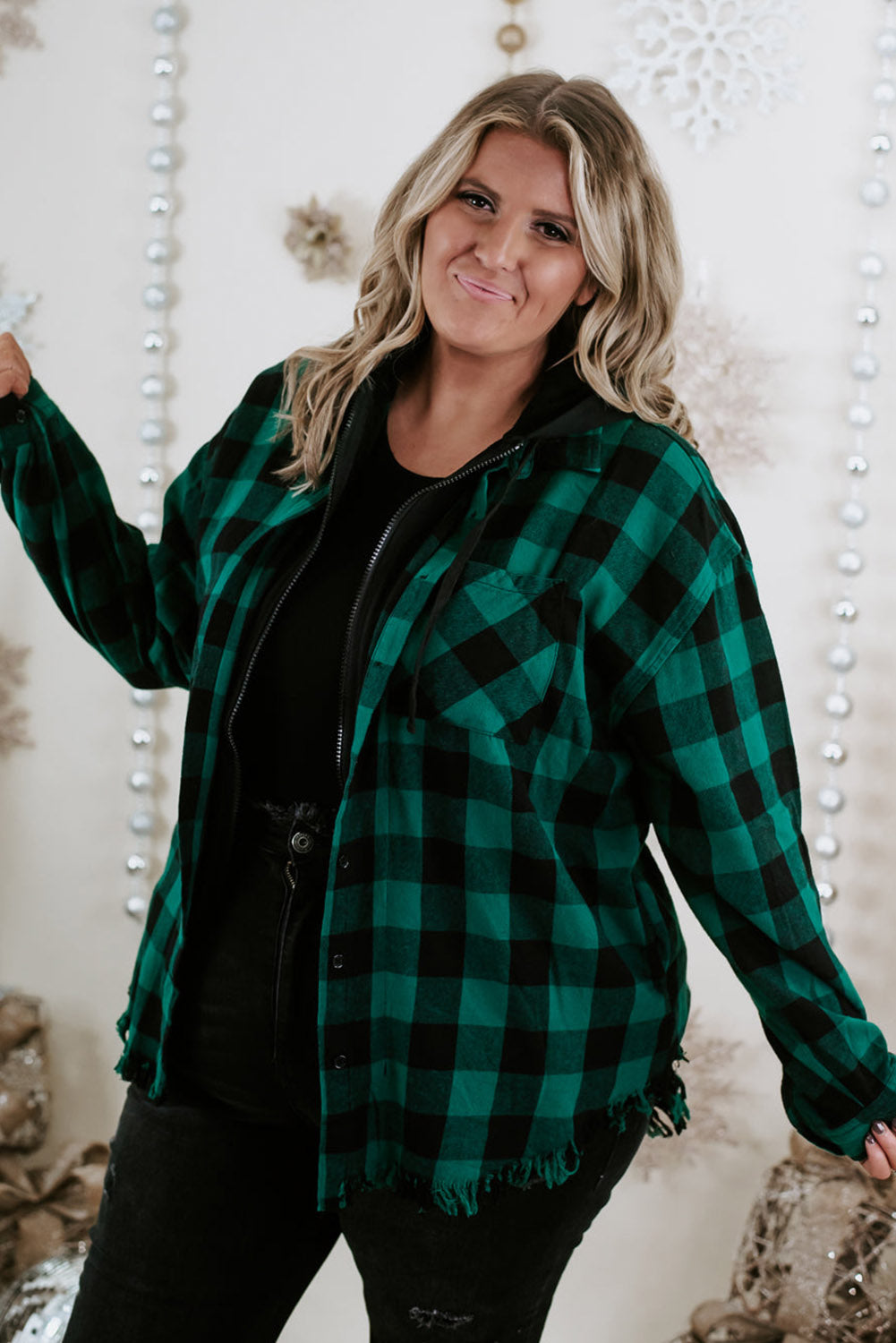 Blackish Green Plus Size Plaid Hooded Distressed Zip-Up Jacket Plus Size JT's Designer Fashion