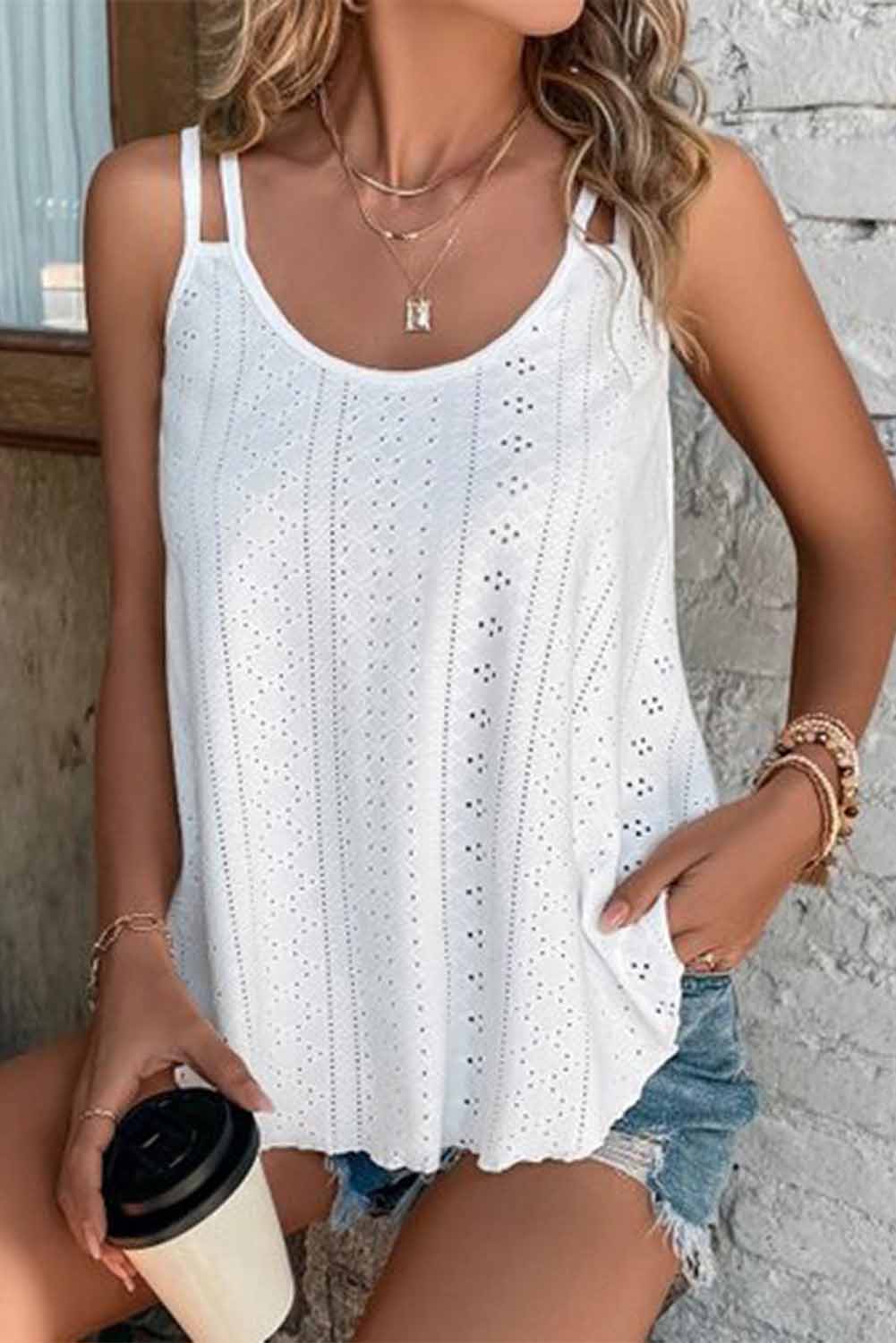 White Eyelet Strappy Scoop-Neck Tank Top Tank Tops JT's Designer Fashion