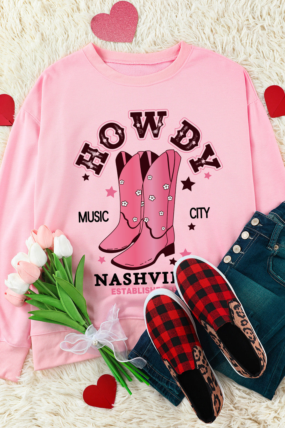 Pink HOWDY NASHVILLE Vintage Western Graphic Sweatshirt Graphic Sweatshirts JT's Designer Fashion