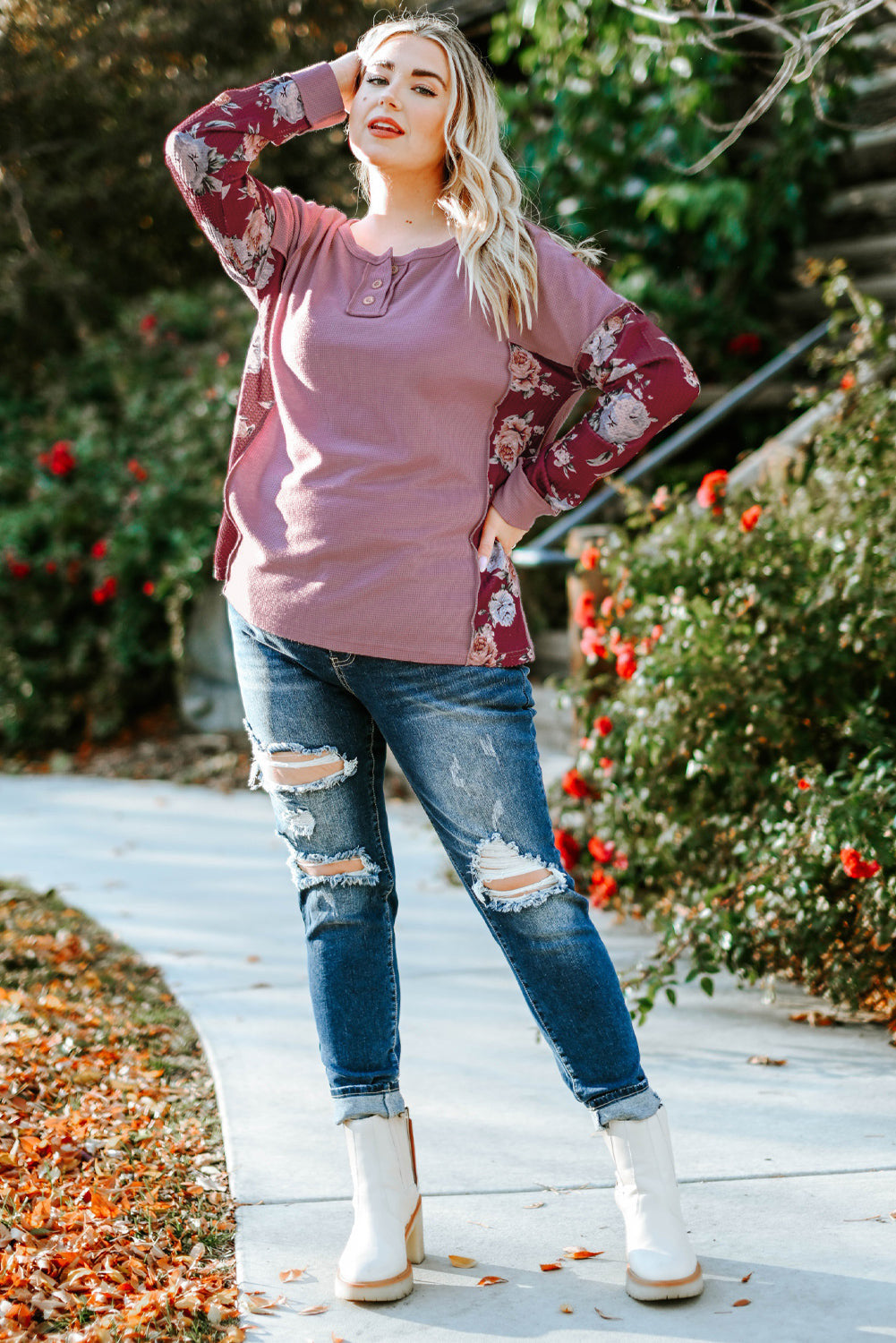 Purple Plus Size Floral Patch Long Sleeve Seamed Henley Top Plus Size JT's Designer Fashion