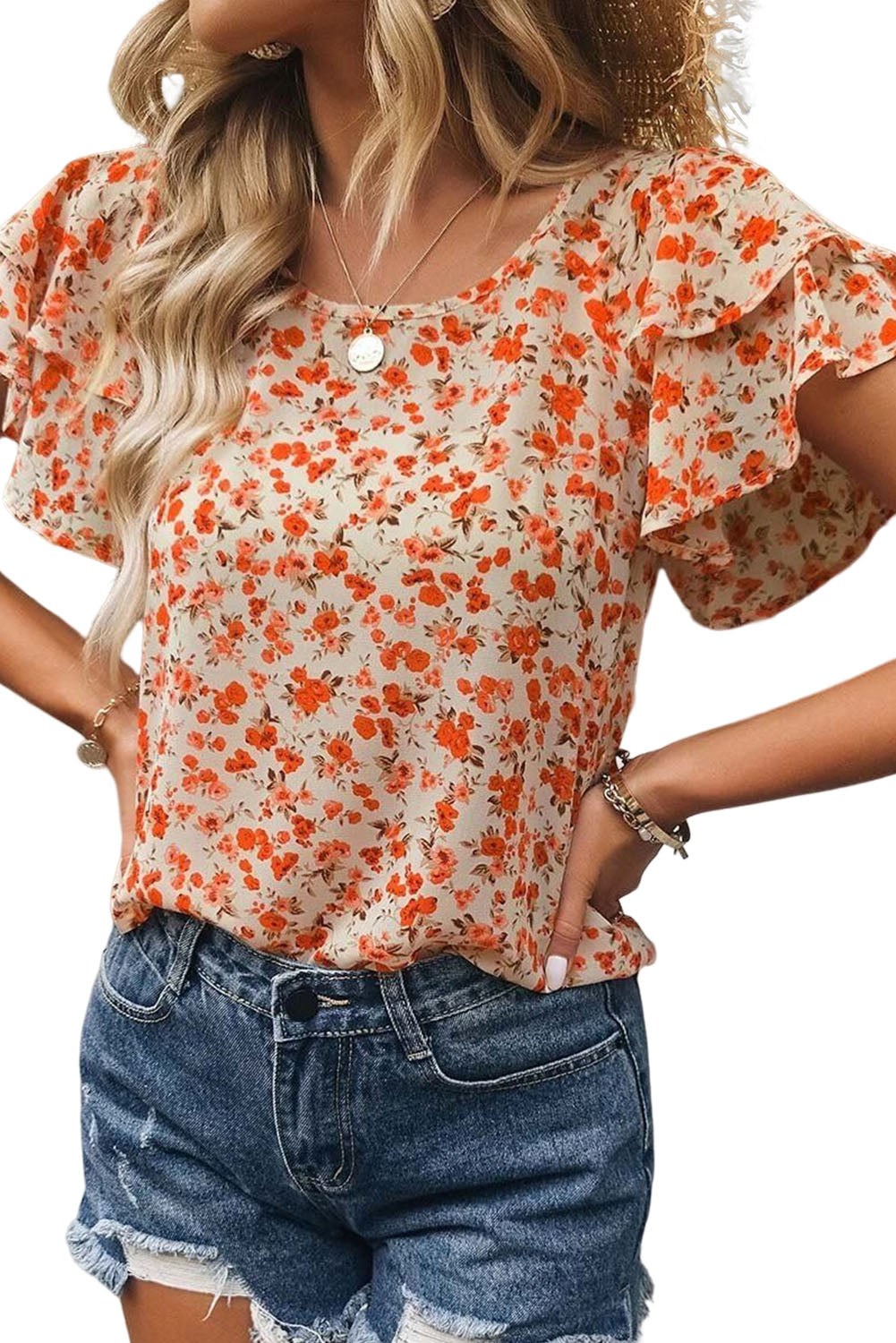 Orange Floral Tiered Flutter Sleeve Blouse Blouses & Shirts JT's Designer Fashion