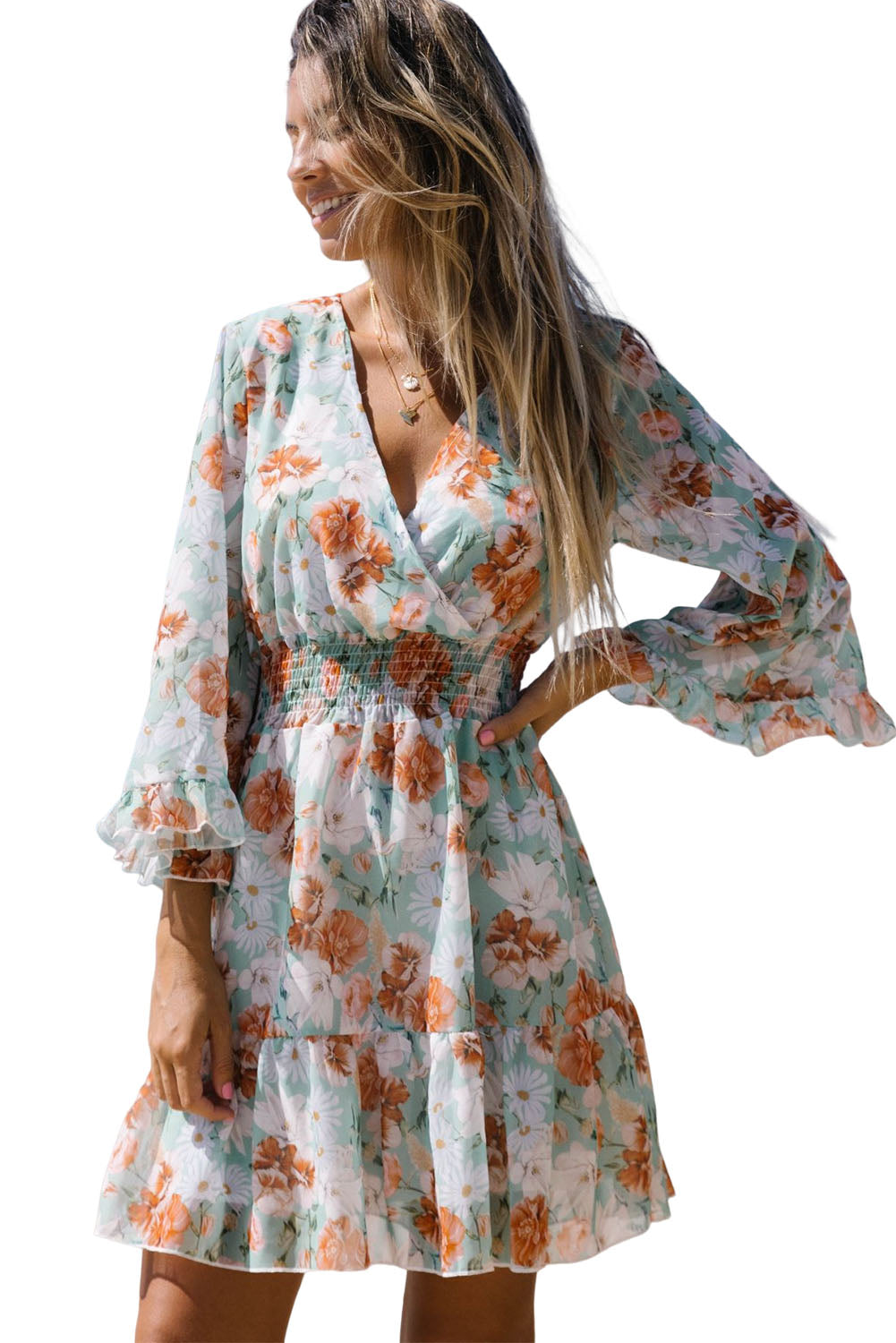 Green Floral Print V Neck Wrap Mini Dress Mini Dresses JT's Designer Fashion