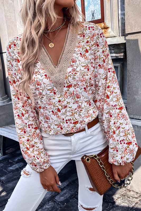 White Floral Long Sleeve Lace V-Neck Blouse Tops & Tees JT's Designer Fashion