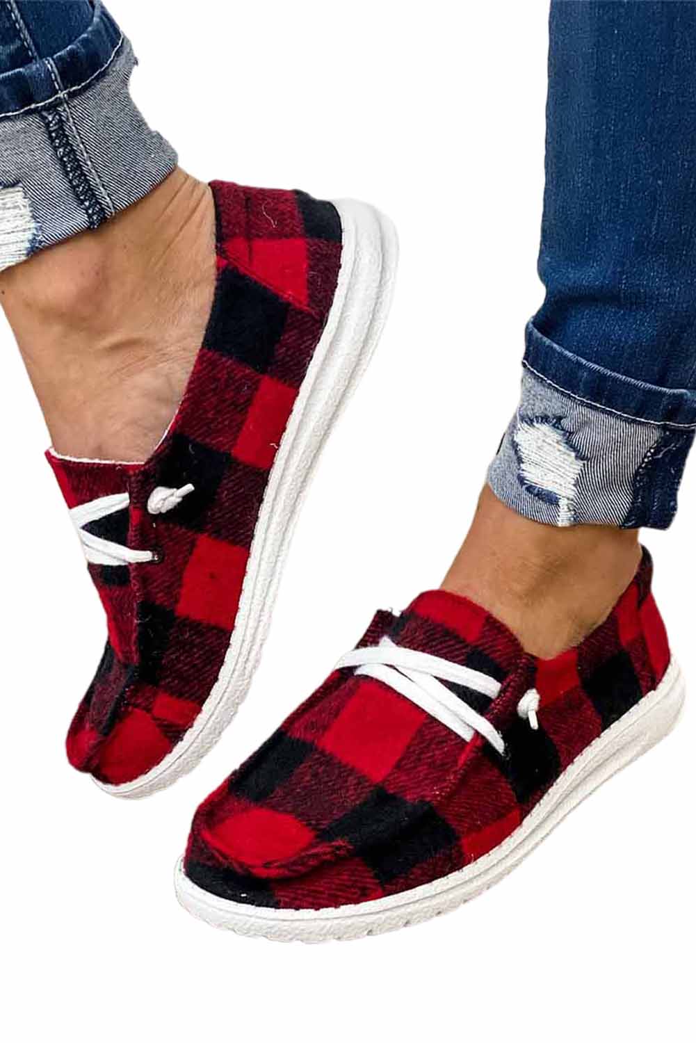 Red Vintage Plaid Lace Up Flat Shoes Women's Shoes JT's Designer Fashion