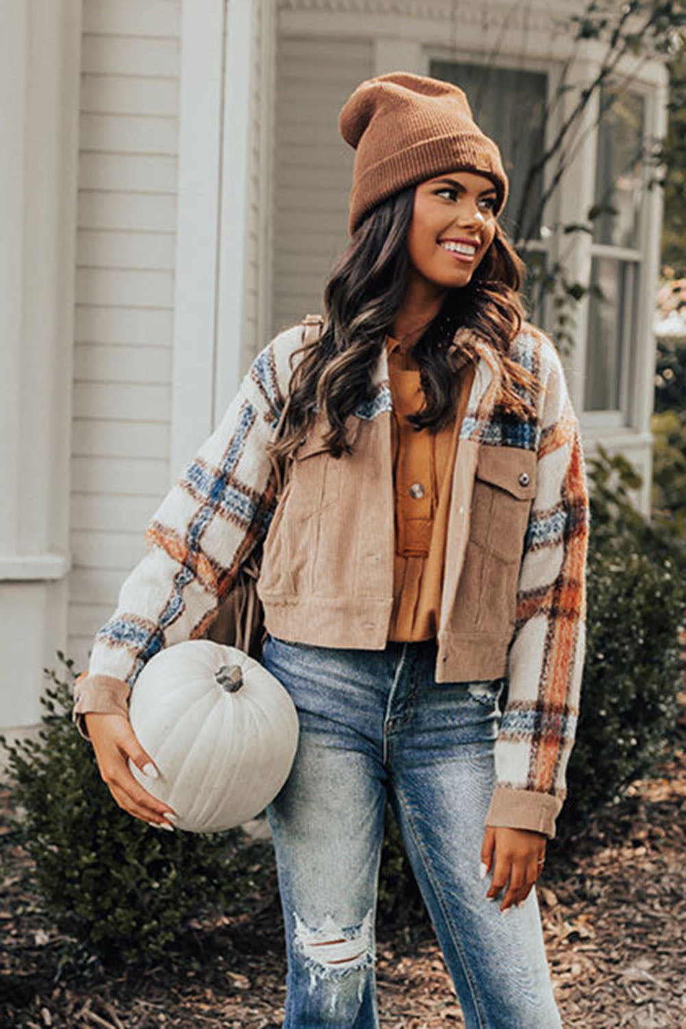 Khaki Plaid Corduroy Flap Pockets Boxy Chunky Jacket Outerwear JT's Designer Fashion