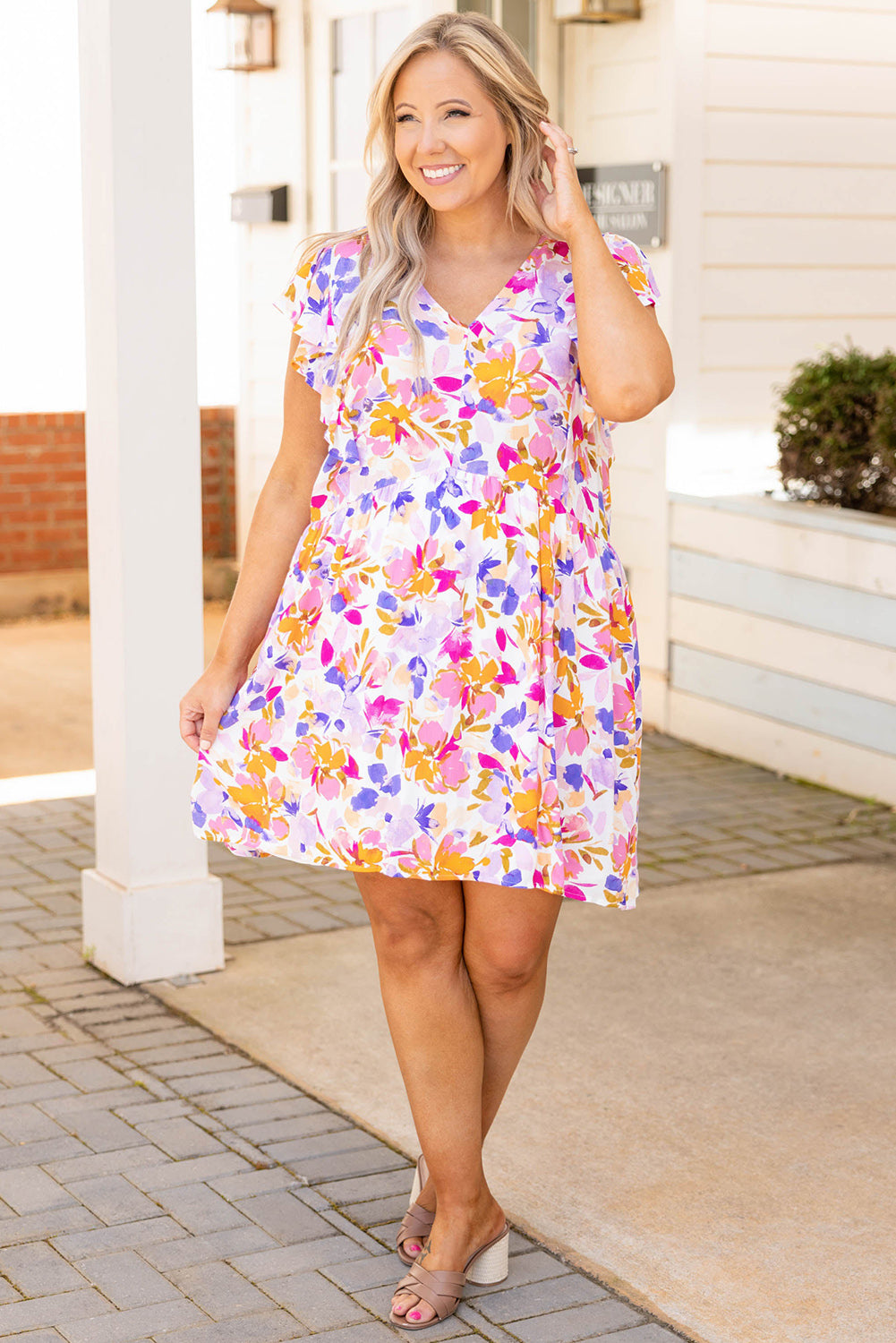 Multicolor Floral V-Neck Ruffled Sleeve Plus Size Dress Plus Size Dresses JT's Designer Fashion