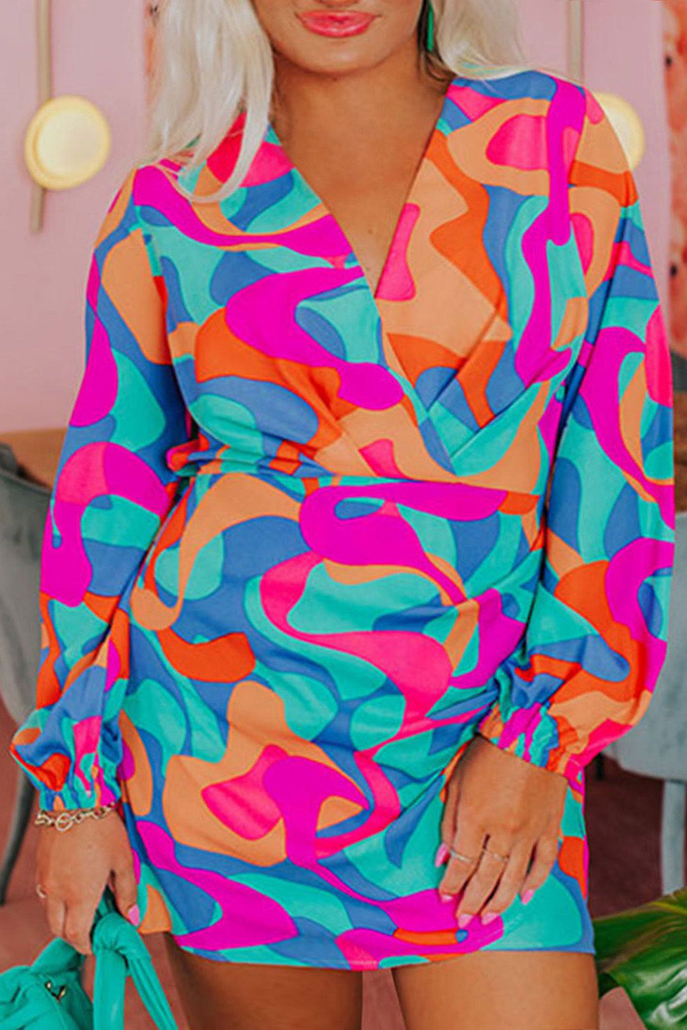 Multicolor Abstract Print Pleated Surplice Long Sleeve Plus Size Dress Plus Size JT's Designer Fashion