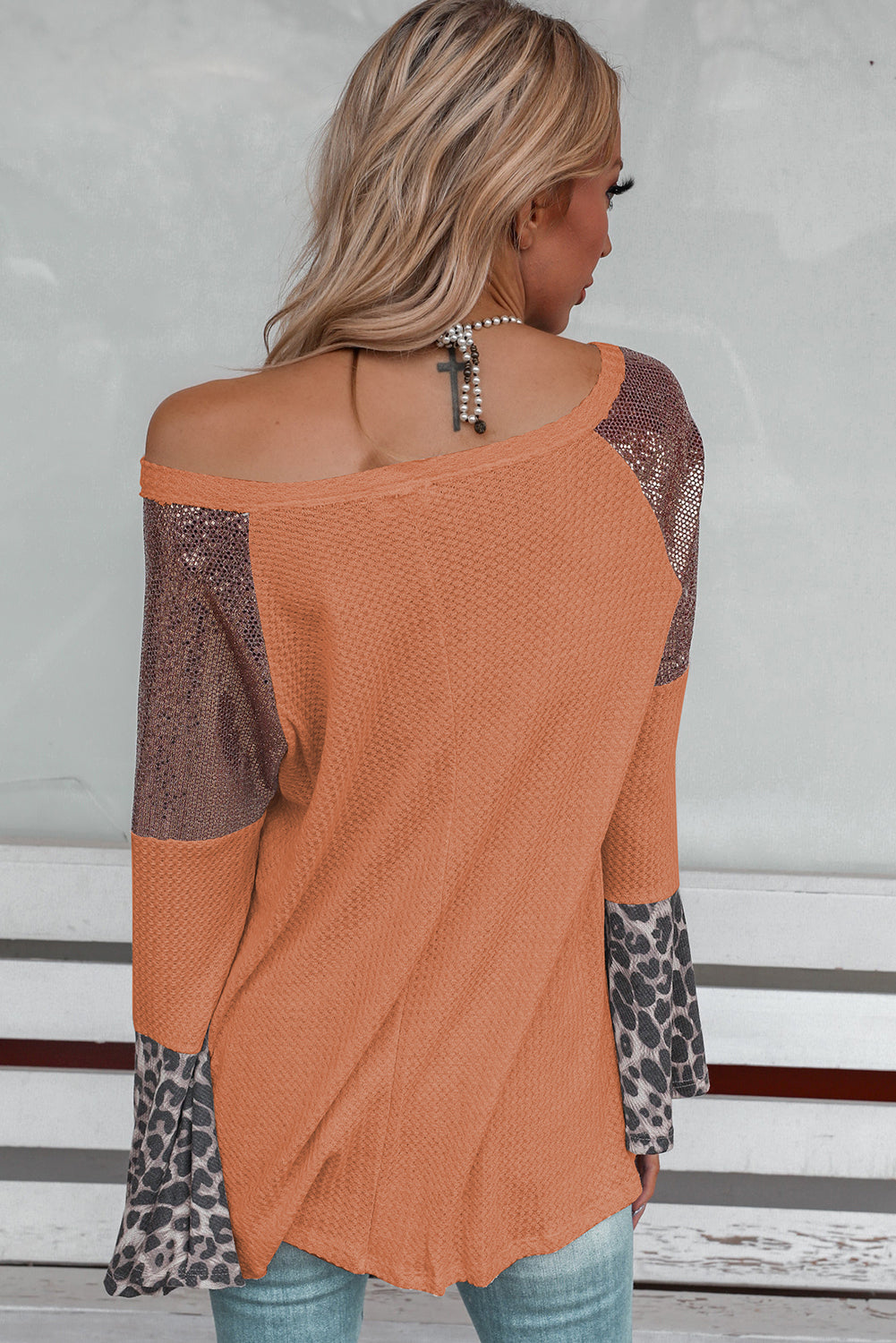 Russet Orange Sequin Patchwork Bell Sleeve V Neck Tunic Top Tops & Tees JT's Designer Fashion