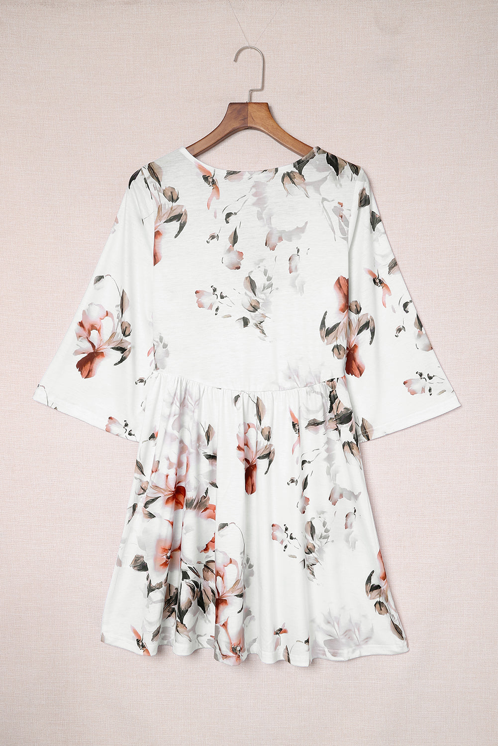 White V Neck 3/4 Sleeve Floral Dress Floral Dresses JT's Designer Fashion