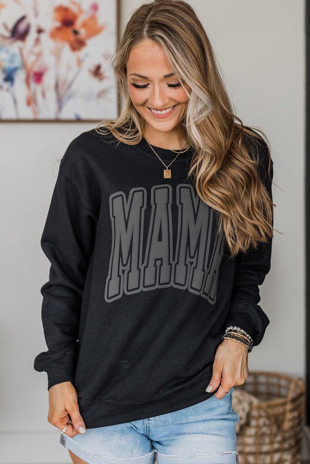 Black Mama Graphic Varsity Crew Neck Sweatshirt Pre Order Sweatshirts & Hoodies JT's Designer Fashion