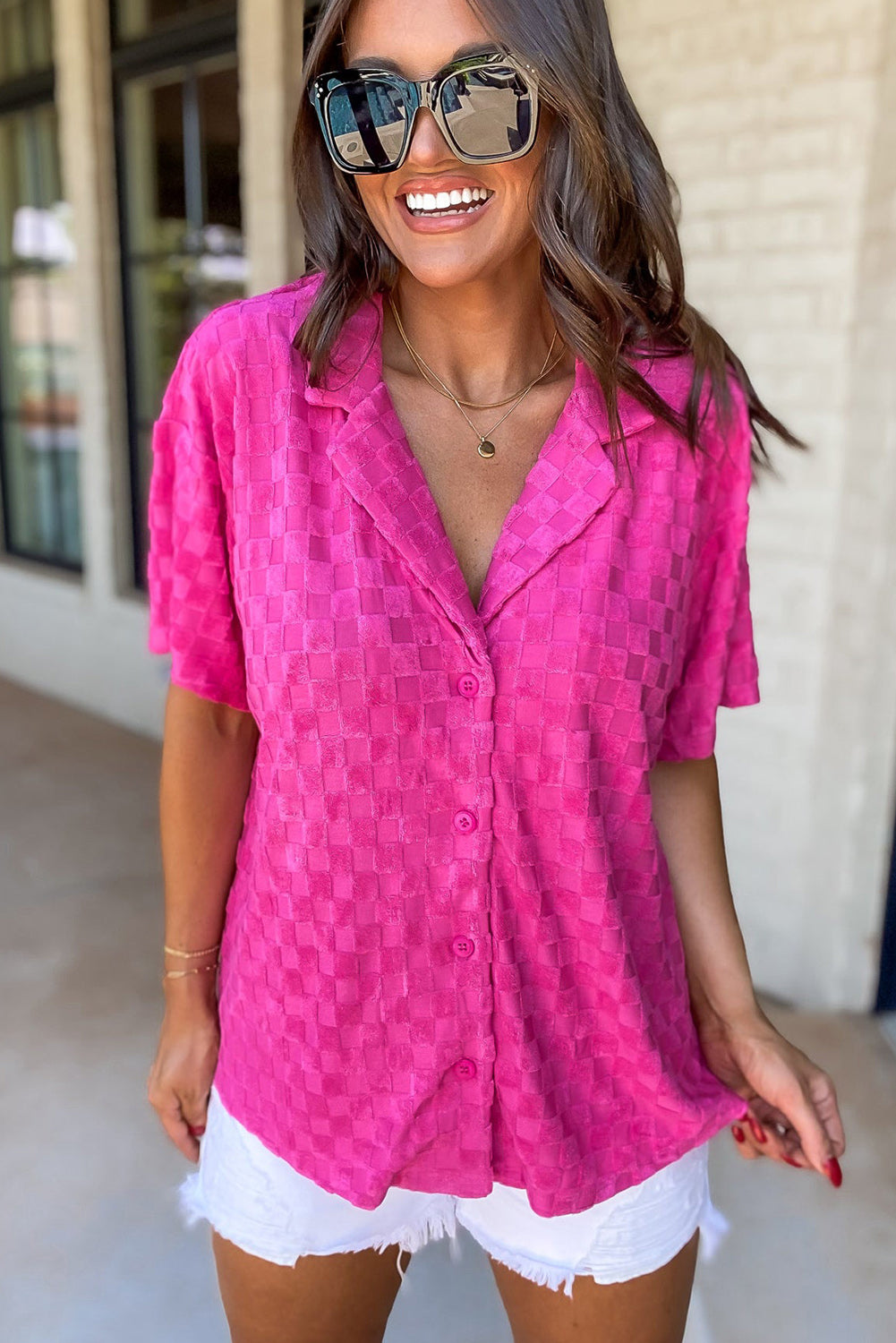 Bright Pink Lapel Neck Checkered Textured Shirt Tops & Tees JT's Designer Fashion