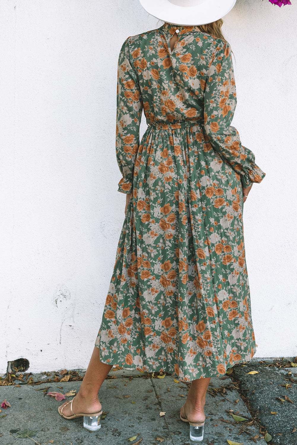 Green Pleated Long Sleeve Maxi Floral Dress with Tie Floral Dresses JT's Designer Fashion